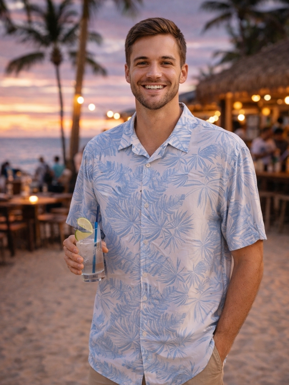 Cubavera Tropical Button Up Shirt Mens XL Blue White Palm Print Beach Resort